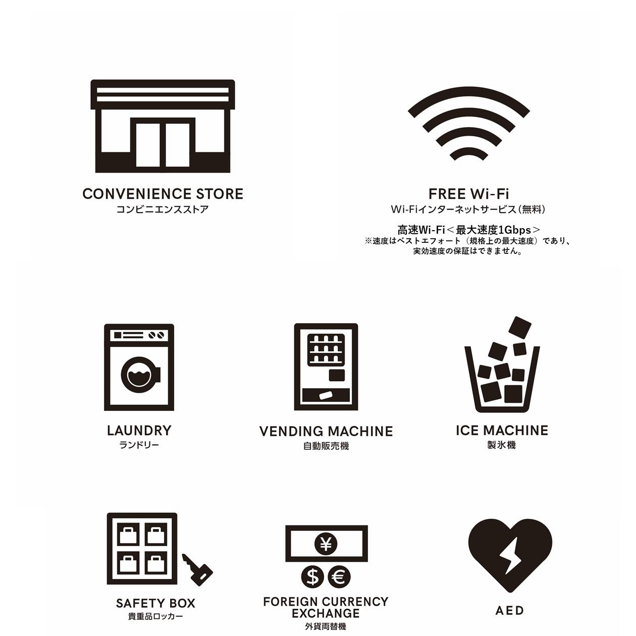 コンビニ　Wi-Fi　ランドリー　自動販売機　製氷機　貴重品ロッカー　外貨両替機　AED