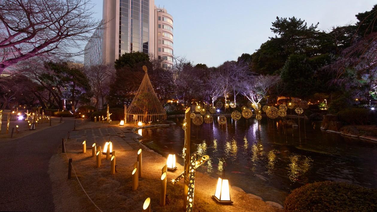 夕刻の日本庭園で、池に浮かぶ竹まりがライトアップされた風景